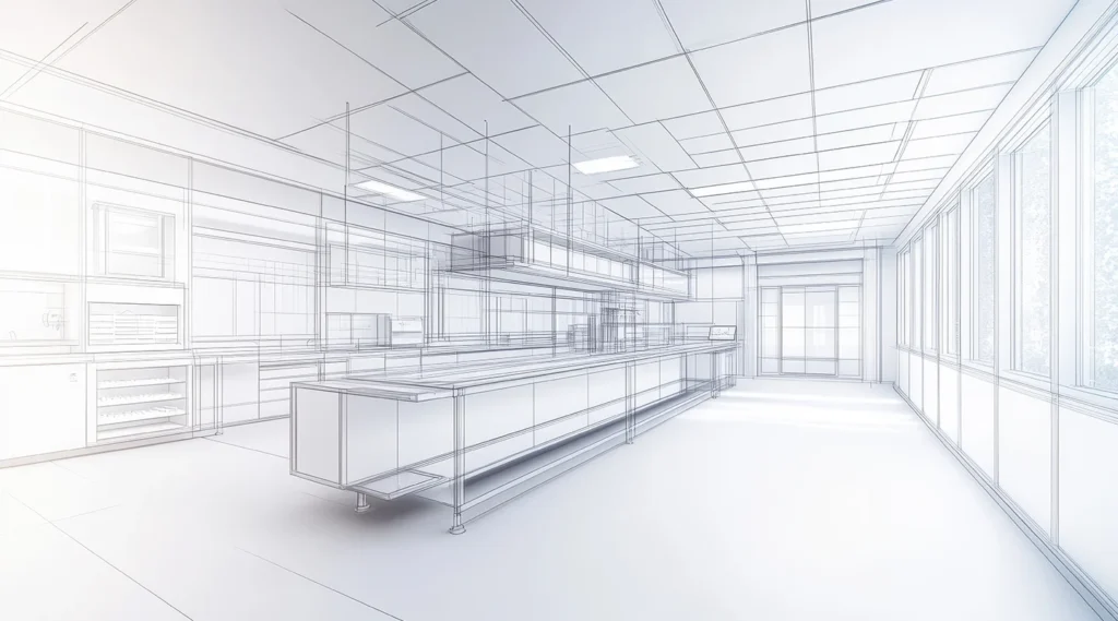 Blueprint-style rendering of a spacious modern commercial kitchen with a central island and long counters by large windows