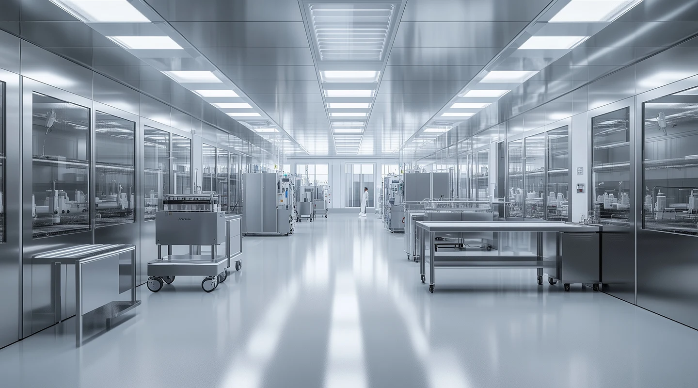 Sterile cleanroom laboratory with stainless steel tables and glass walls; a person in a lab coat walks toward the back.