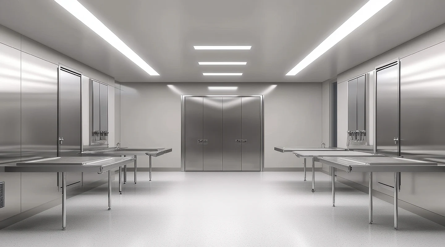 Sterile stainless-steel cleanroom with empty work tables and double doors at the far end.
