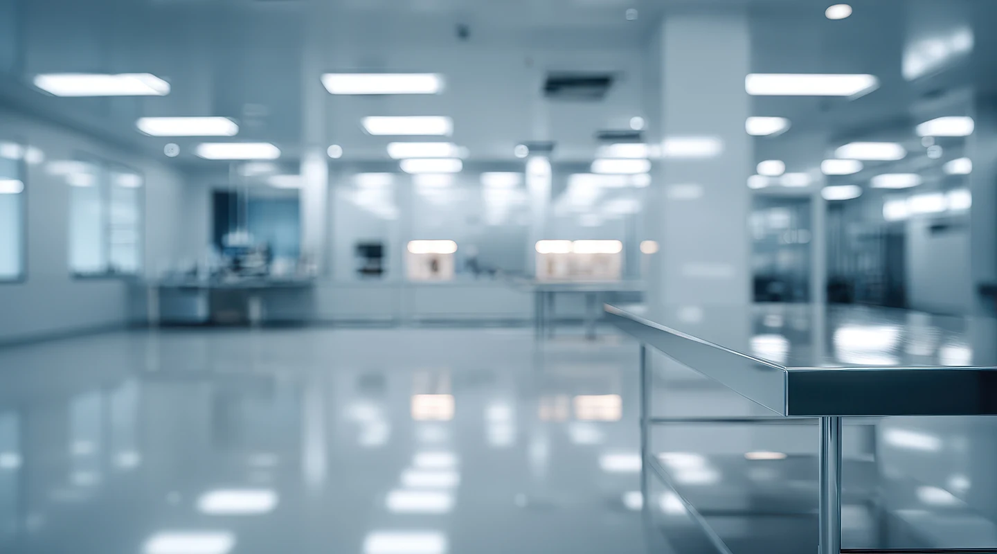Bright, empty, sterile laboratory or clinical space with glossy floor and metal railing in the foreground.